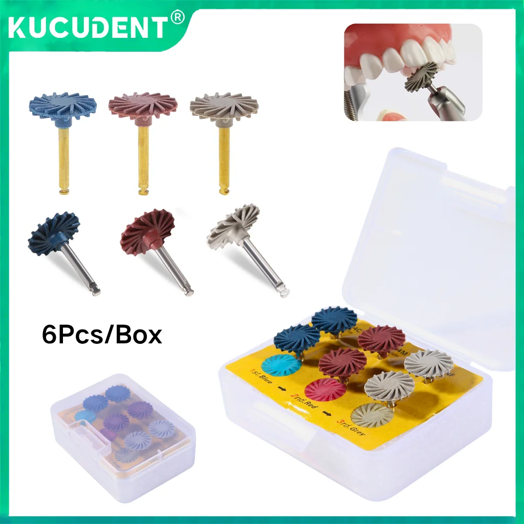 

6 шт./кор., комплект колес для полировки из композитной смолы, 3-ступенчатая полировка, силиконовая резина, щетка для полировки, боры, стоматологические инструменты