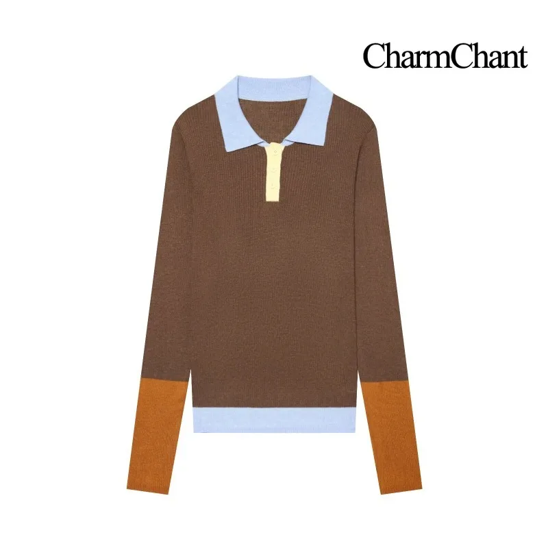 CHARMCHANT Women Vintage Color Block Ribbed Knit Sweater Polo Collar Long Sleeve Slim Fit Tops Casual Autumn 2026