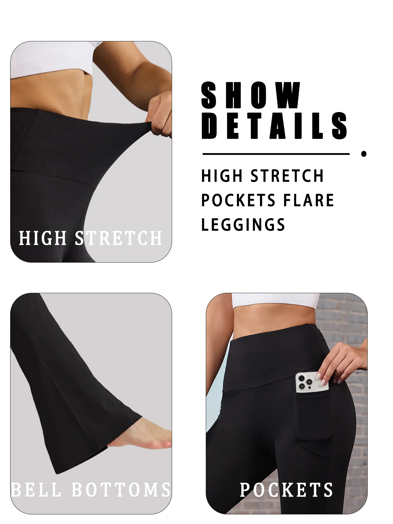 3-pak damskich super miękkich spodni typu flare z kieszeniami, z wysokim stanem, modelujących brzuch, do ćwiczeń, jogi, push up, na siłownię, fitness, legginsy dzwony
