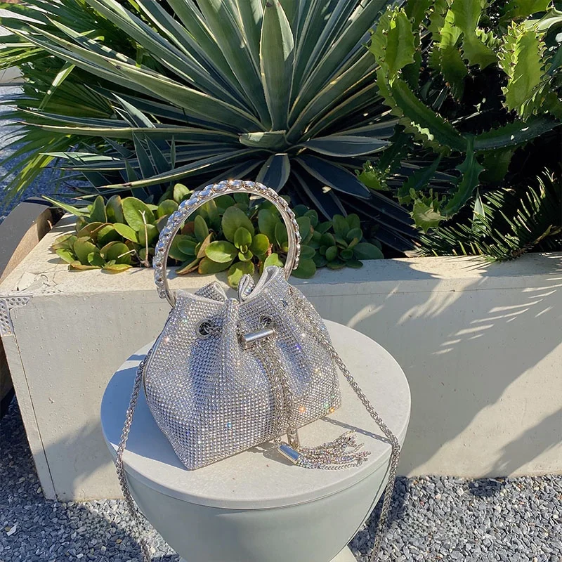 UGALS Tassel Diamond Handbag Handmade Metal Sequins Bucket Bag Shoulder Crossbody Bag Sweet Lady Style Soft Polyester 