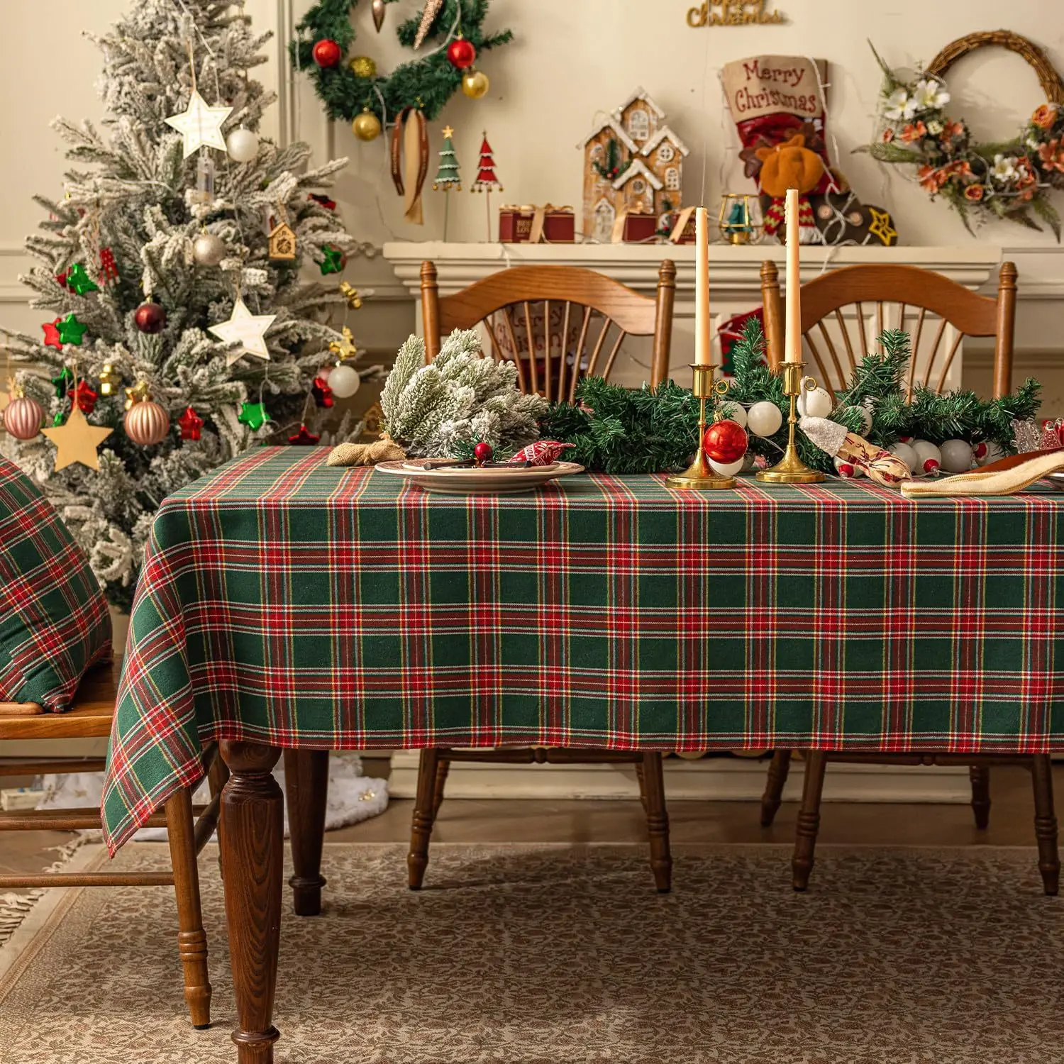 Christmas Themed Checkered Tablecloth, Suitable For Holiday Parties, Banquets, Restaurants, Kitchen Decoration