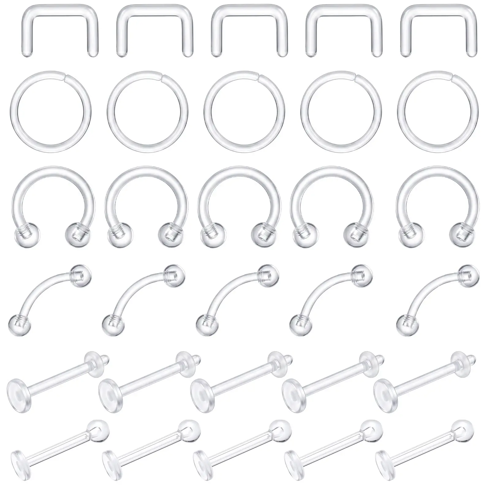 5/30Pcs 16G Clear Acrylic Piercing Retainers Body Jewelry Kit Including Lip Septum Cartilage Earrings Eyebrow Nose Ring