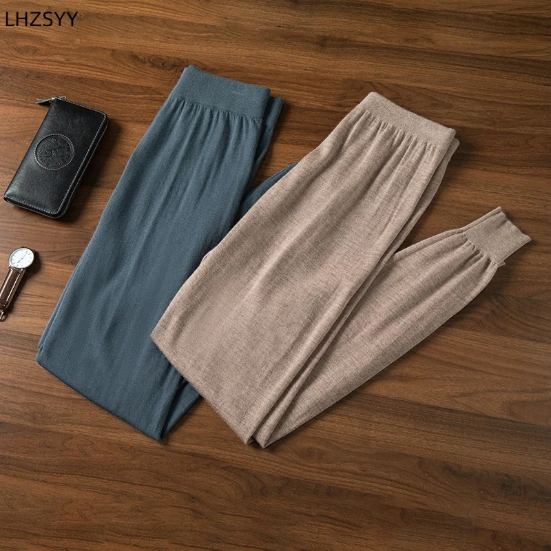 LHZSYY Men's Worsted 100% Pure Goat Cashmere Trousers High-end Thin Elastic Waist Harem Pants 2024 Loose Soft Nine-Tenth Pants