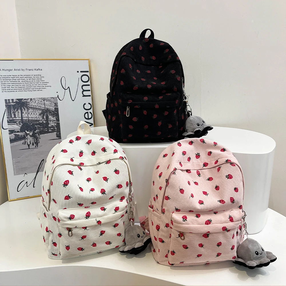 Lovely Little Fresh Strawberry Print Junior High School Bag Corduroy New Female All-Ins Lightweight Simple Backpack