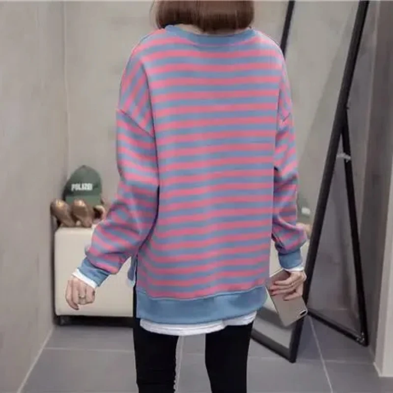 2024 Spring and Autumn Women\'s New Patchwork Pullover O-Neck Striped Fashion Loose Minimalist Casual Long Sleeve Sweatshirts