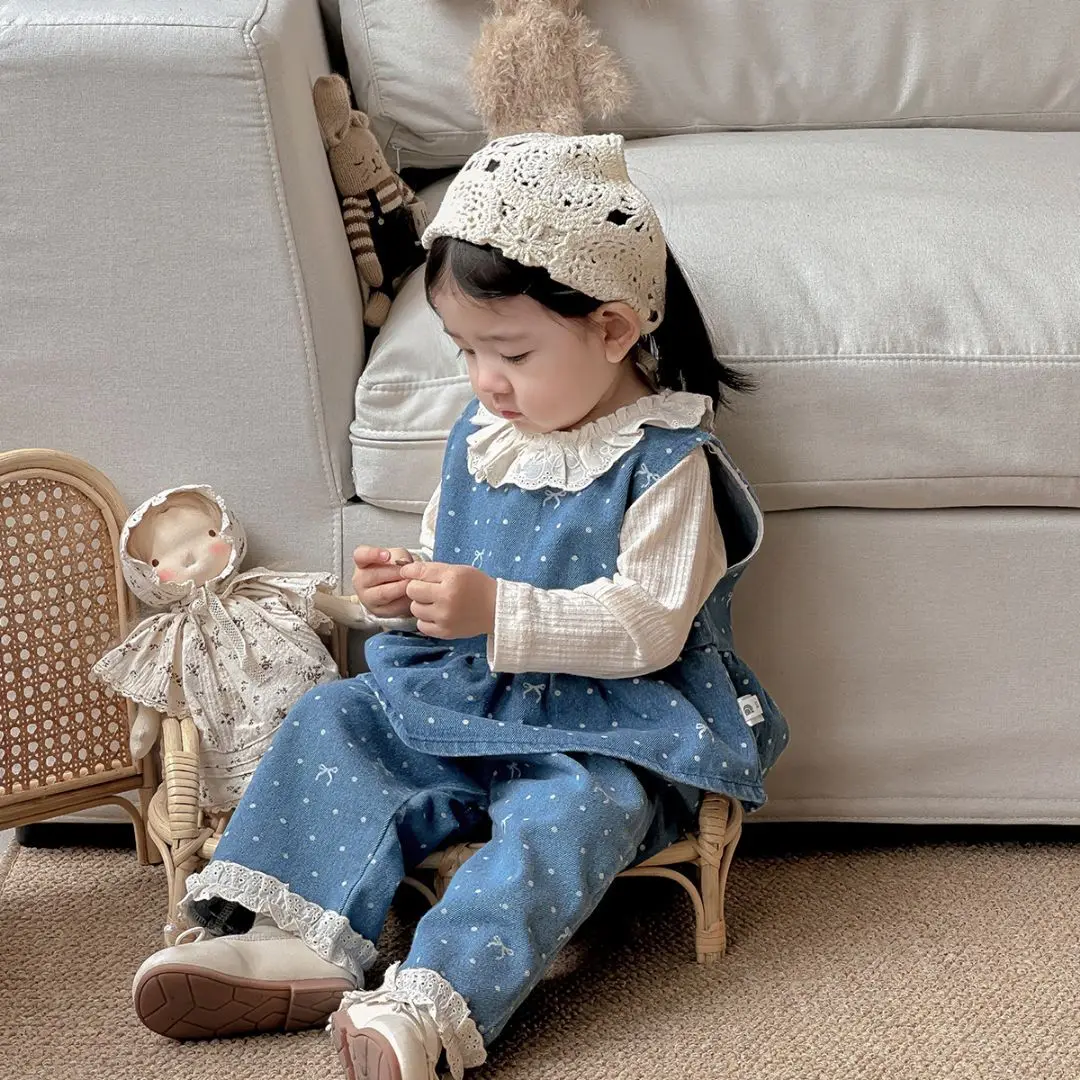 

Korean VersionBow Print Sleeveless Tops + Pants 2-Pcs Set 2025 Girls Suits Summer Imitation Denim Children Clothes