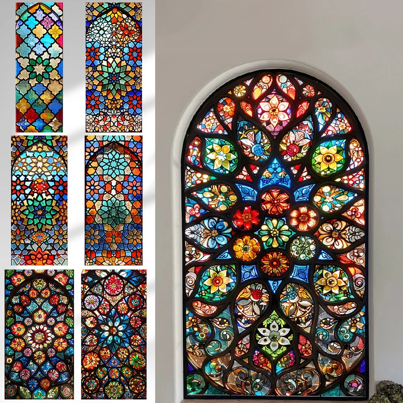 

European Style Retro Church Stained Glass Film Frosted Privacy Window Film Home Decor Self - Adhesive Glass Stickers