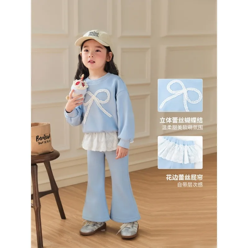RAISE 2-8 Jahre Kinder Mädchen Zweiteiliges Outfit Herbst Kinder Mädchen Schleifen-Sweatshirt Trainingsanzüge 2026 Spitzenbesetzte Schlaghose Outfits – Detail 3