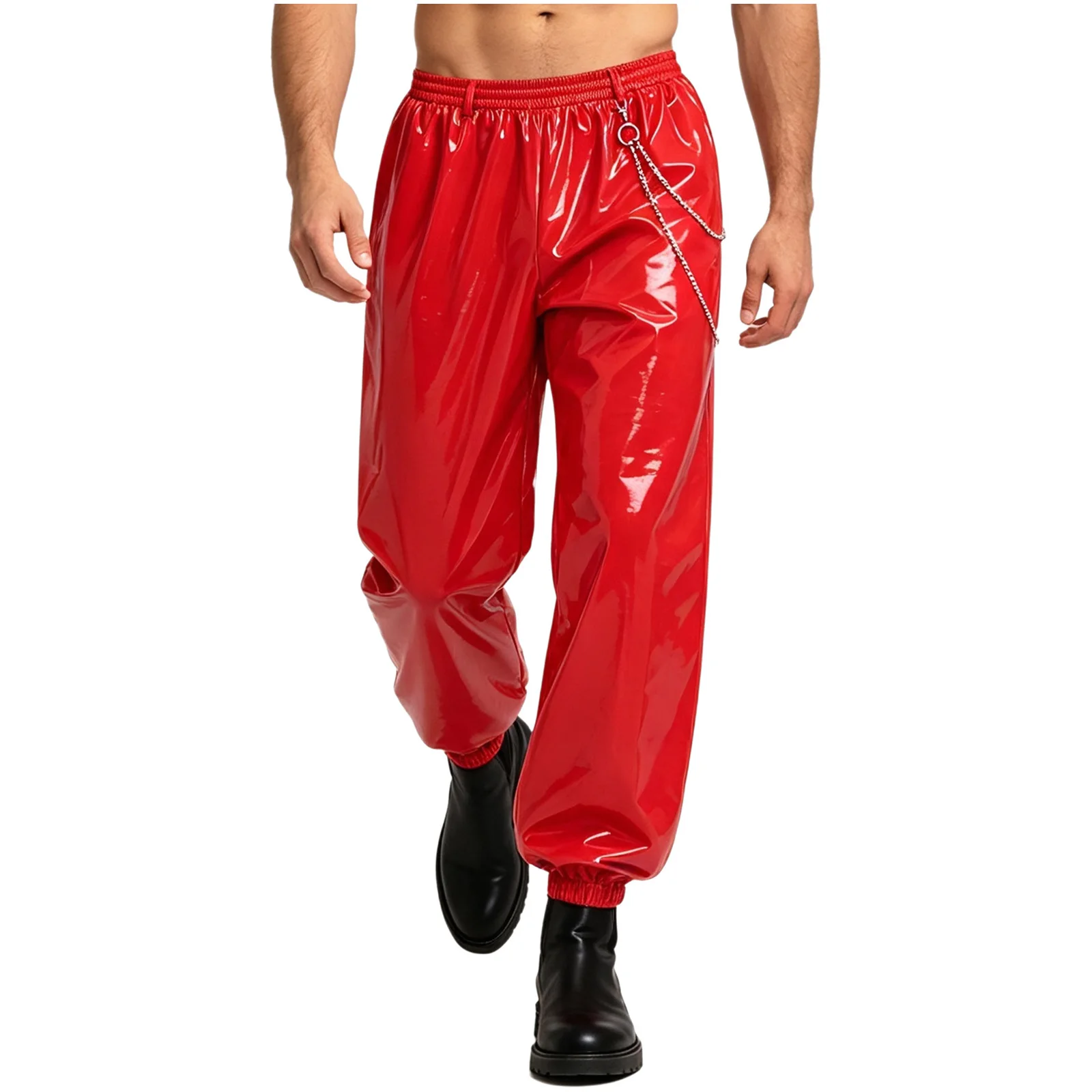 Men Glossy PU Leather Jogger Pants with Metal Chain Elastic Waist Loose Punk Trousers for Club Rave Party Motorcycle Clubwear
