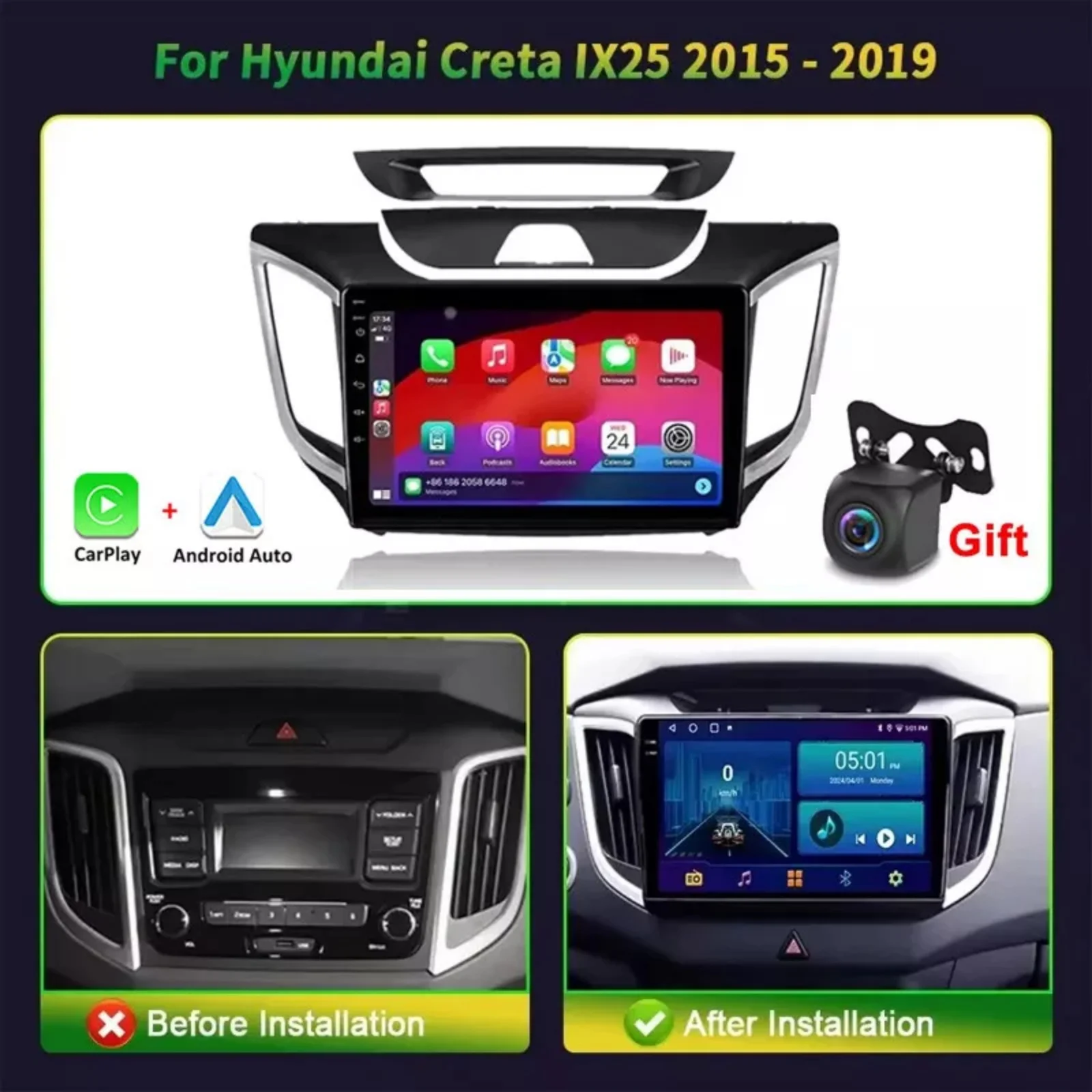 10in Android 15 Car Stereo Radio GPS Navigation 2+64G Compatible for Hyundai ix25 2015-2019 Support Wireless Carplay Android Auto Car Radio with  Wifi FM SWC Mirror Link Split Screen + AHD Backup Camera