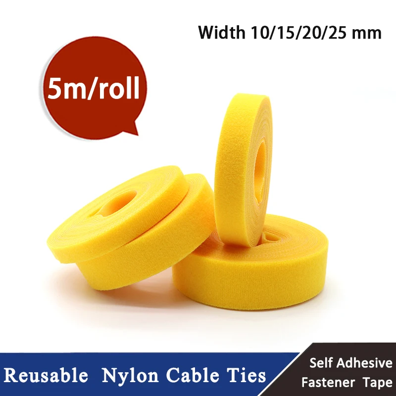 5m/roll Cable Ties Reusable Loop Bundle Self Adhesive Yellow Nylon Strap Organizer Clip Wire Holder Management Fastening Tape