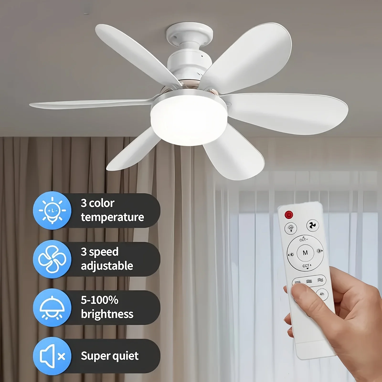 20.5-Inch Small Fan Light with Remote Control, 3 Wind Speeds, Lighting for Dining Spaces, Bedrooms, Living Rooms and Kitchens