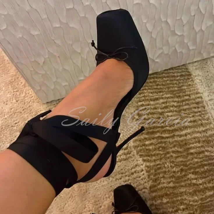 

Balck Stain Lace Up Ballet Shoes Girl Pink Square Toe Bow Tie Stiletto Heel Ankle Strap Slingback Elegant Summer Sexy Pumps