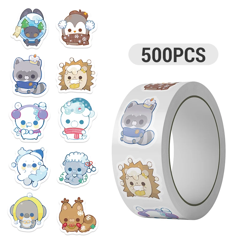 

500 шт. в 1 рулоне: Зимние наклейки с животными, милые мультяшные стикеры с полярными животными, канцелярские товары, поощрительные наклейки с животными для скрапбукинга