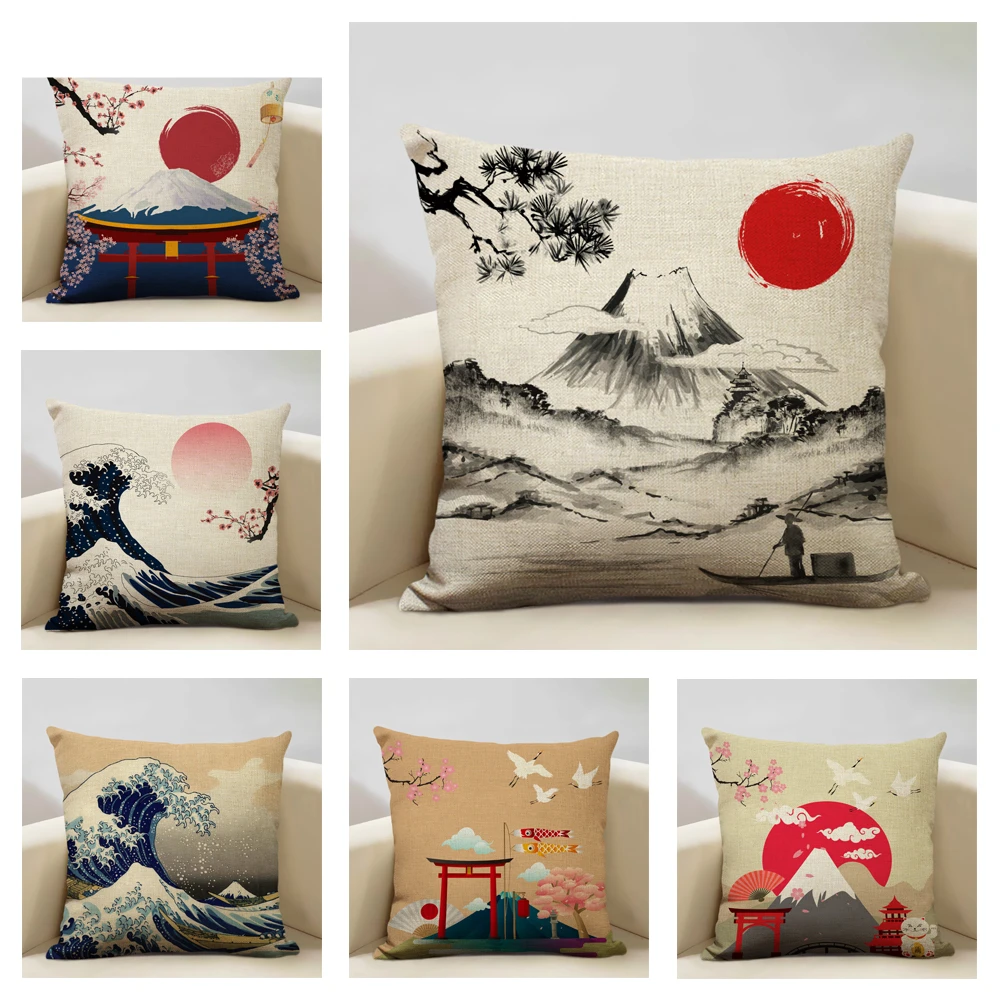 Japan Mount Fuji Ukiyo-e Retro Cushion Cover Sofa Pillowcase Home Decor Pillow Case 45x45cm Linen Home Textile Products