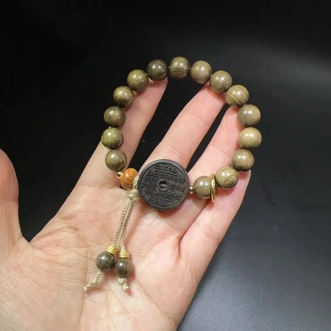 10MM Buddha Bead Pure Natural Gloomy Wooden Bracelet with Carved Mountain Ghost Spending Wooden Copper Money Wen Play HandString