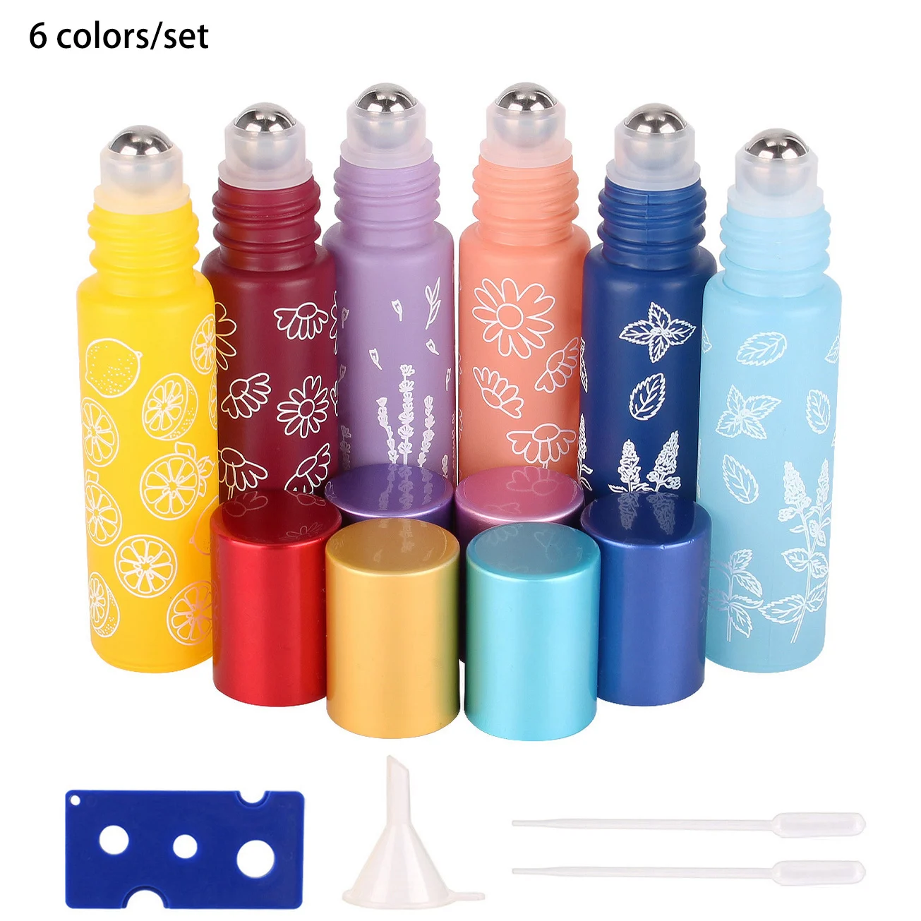 6 Colors/set 10ml Glass Roll on Refillable Bottles with Stainless Steel Roller Ball Essential Oils Travel Cosmetic Accessories