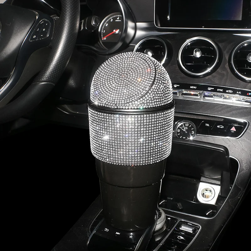 Luxury Diamond Car Trash Can Mini Auto Garbage Can Bling Rubbish Bins Holder Car Accessories for Auto Press-Top Waste Storage