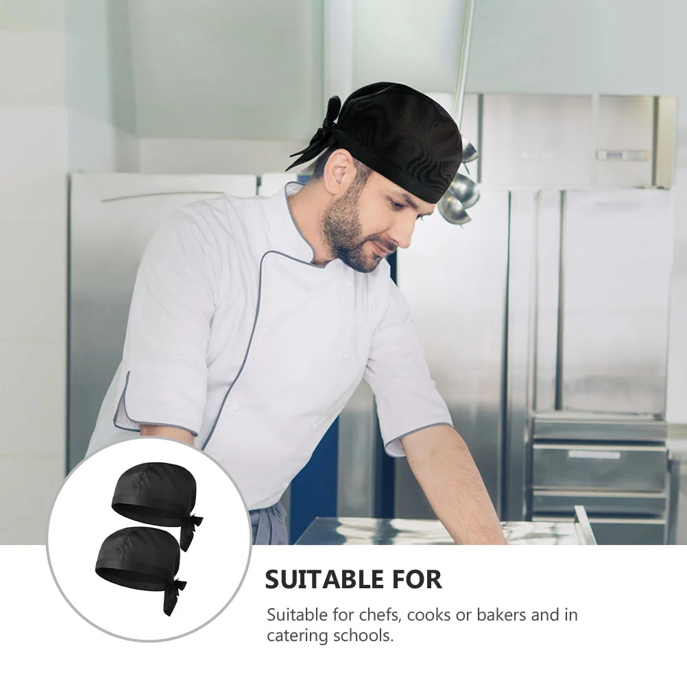 2 Pcs Chef Hat Cook Uniform Catering Ribbon Cap Skull Server BBQ Cooking Kitchen Working Blank