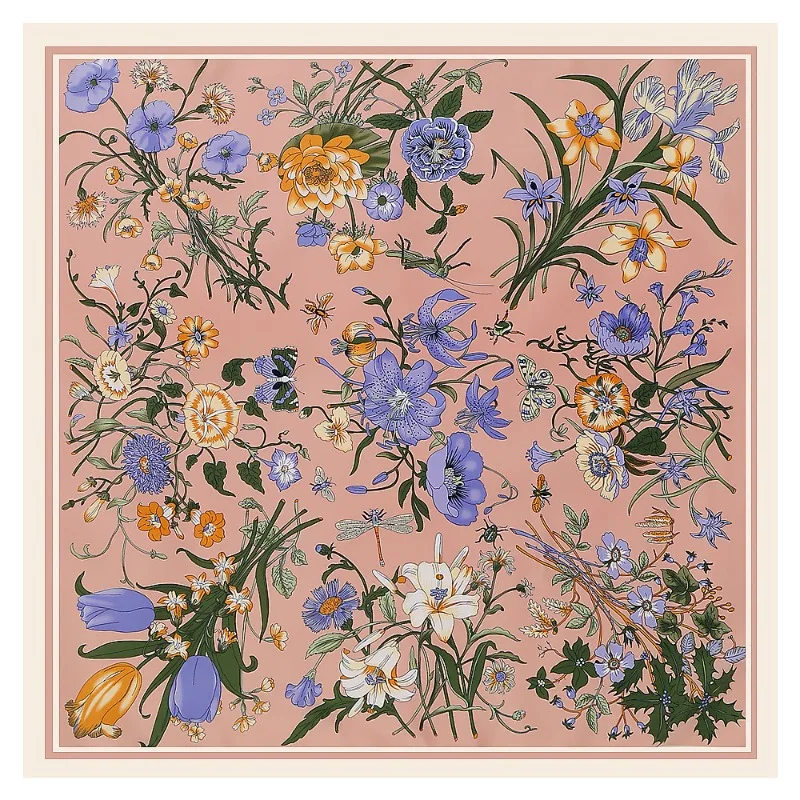 Spring and Autumn Lily Flower Large Square Scarf Women Imitation Silk Scarf Mostly Used Headscarf Shawl Outdoor Sunscreen Scarf