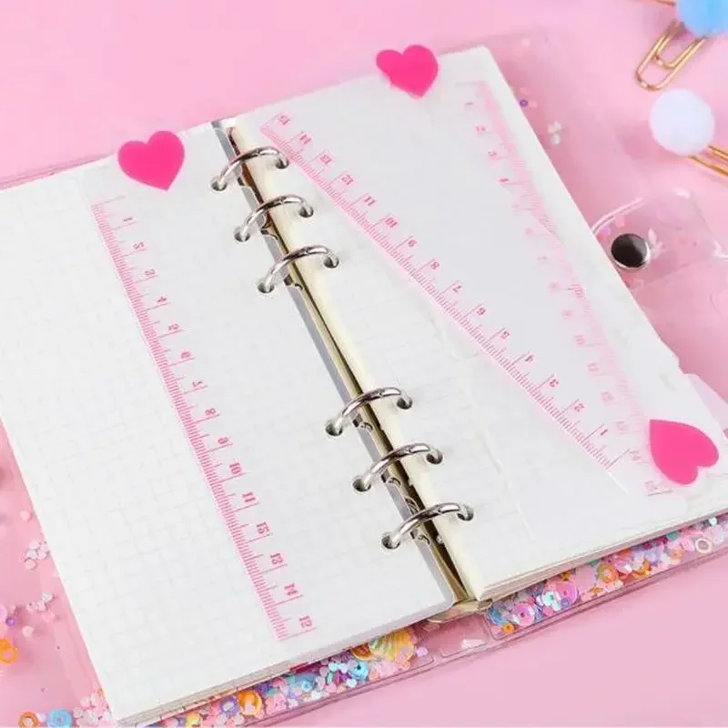 Cute Pink Love Transparent Ruler with 6 Slots Suitable for 6 Hole Coil Book Kawaii Student Stationery School Supplies for Girl