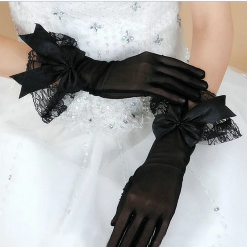 28 cm Wedding Gloves for Bride tulle Lace Bow White / Black 2024 New Arrival Gloves for Party Occasion