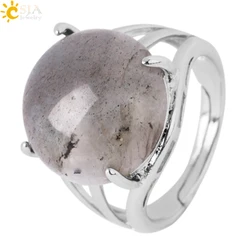 CSJA Natural Stone Ring Women Labradorite Crystal Quartz Ring Water Drop Round Finger Rings Silver Color Adjustable Jewelry G906