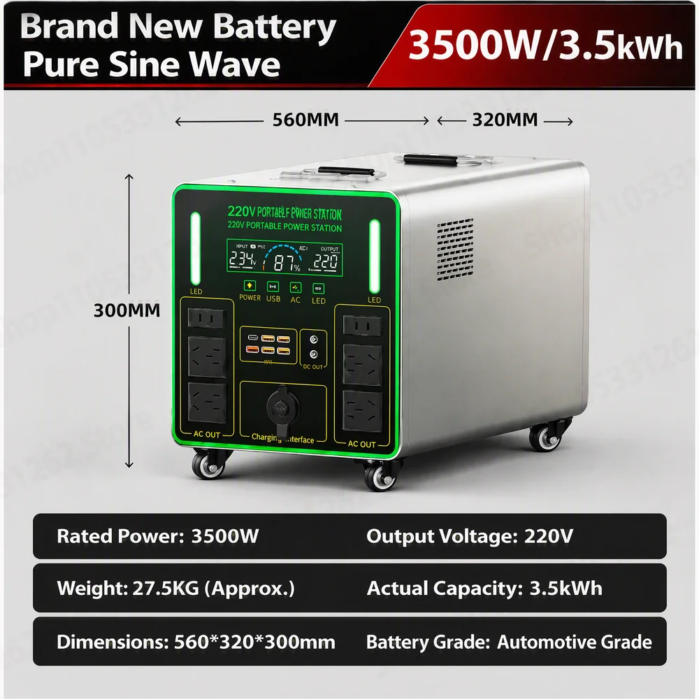 3500W Portable Power Station 3.5kWh Battery 220V Pure Sine Wave Solar Generator for Camping Emergency Home Backup Outdoor