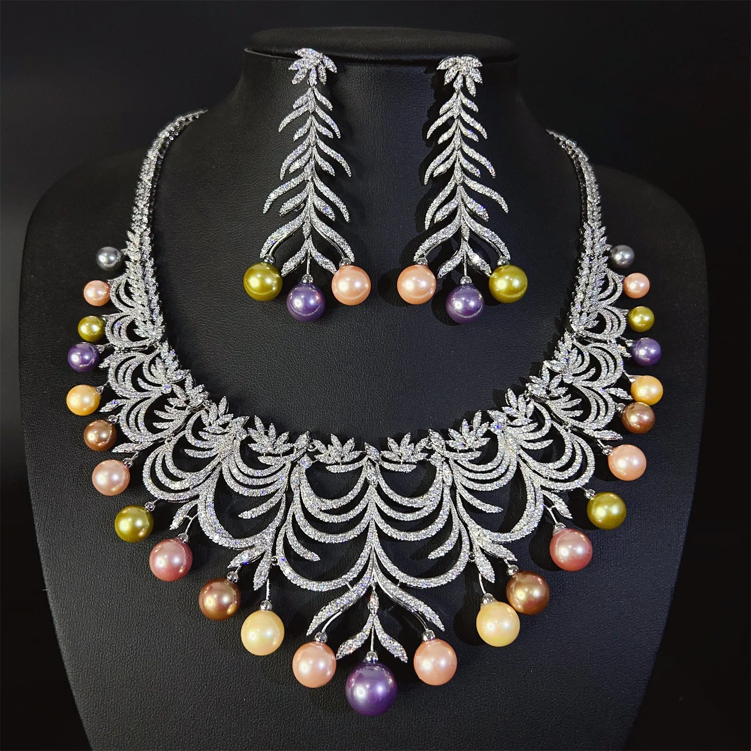 

Sparkling Delicate Feather Multicolour Pearls Ladies Zirconia Jewellery Necklace Earrings 2 Pcs Set Party Prom Gift Bridal M-520