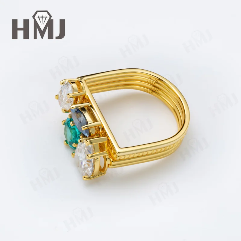 Stapelbares Ringset D-Farbe Moissanit Paraiba Lab-Saphir Kombinationsringe 925 Sterling Silber Unregelmäßige Form Premium Geschenke – Detail 5