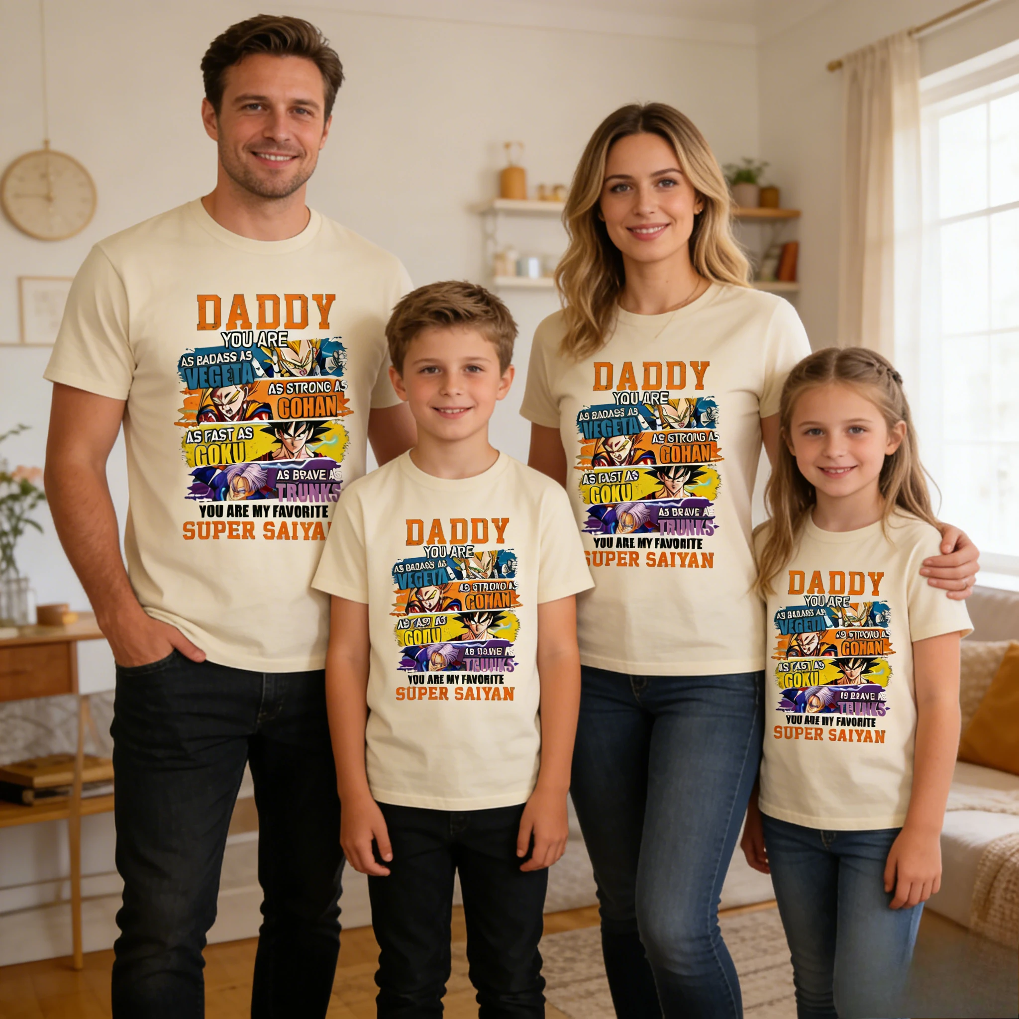 

2026Summer Dragon Ball Retro Anime TShirt ParentChild Wear Vegeta Gohan Goku Trunks Casual Loose Top Favorite Super Saiyan Daddy