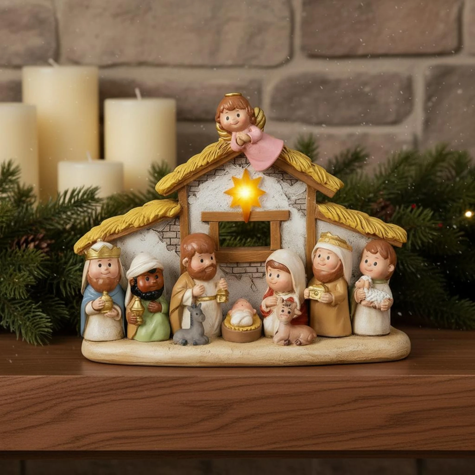 Stable Nativity Ornament Star-Shaped Light Lighted Nativity Scene Tabletop Decoration Straw-Textured Hand-Painted