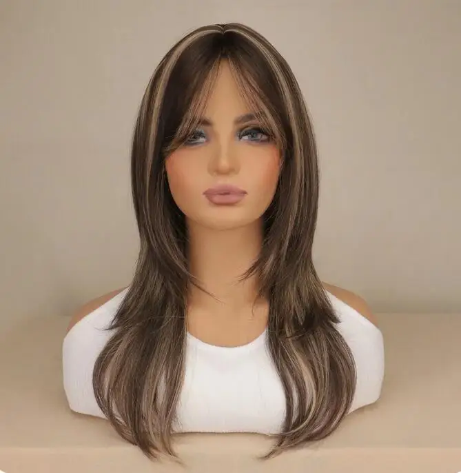 Synthetic Hair Long Wavy with Camel Highlight Natural Wig with Bangs Heat Resistant Wigs for Women