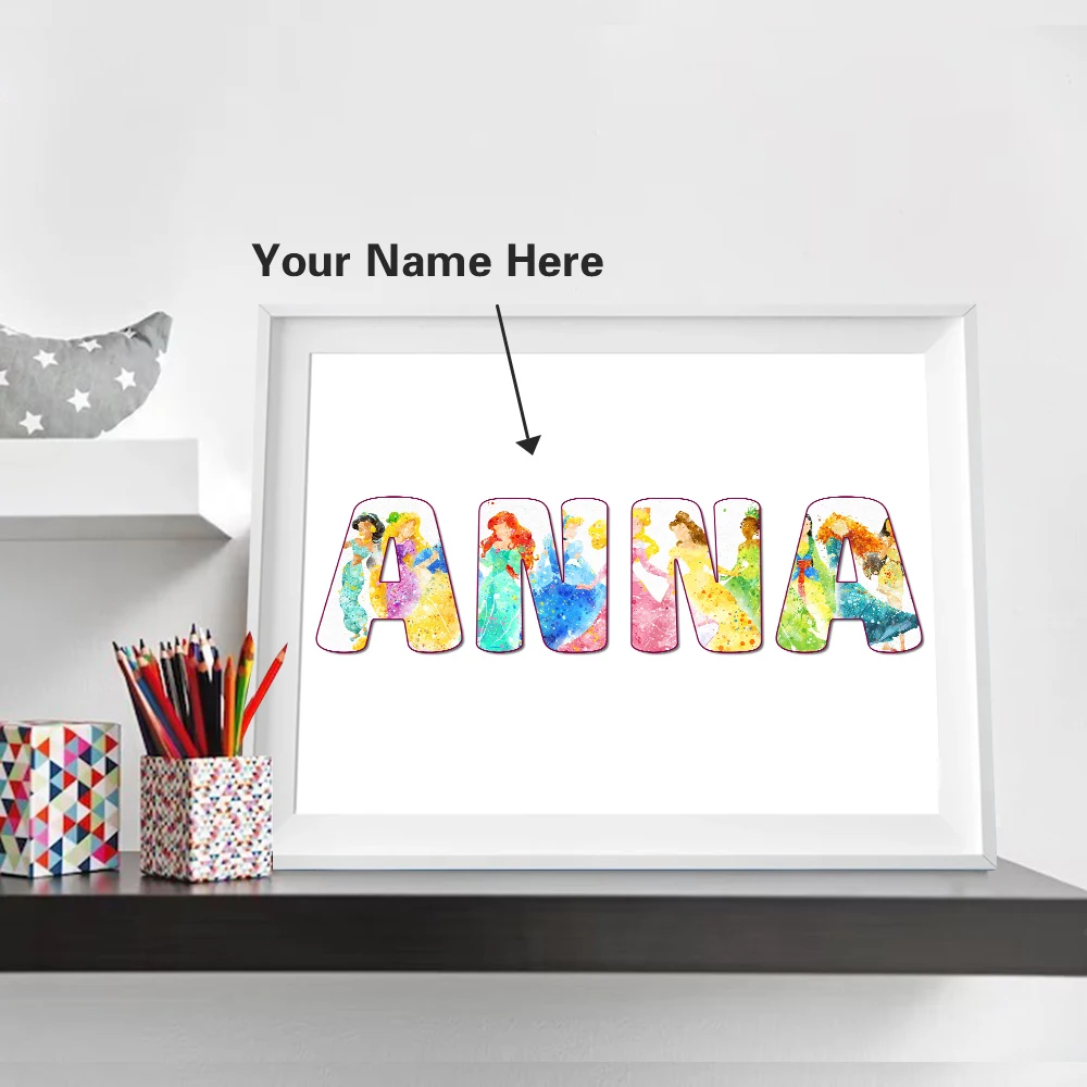 Personalized Princess Name Prints Disney Princess Character Poster Kids Girls Room Wall Art Canvas Painting Baby Nursery Bedroom