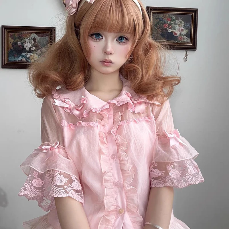 

Japaese Sweet Lolita Blouses Women Kawaii Ruffles Bow Peter Pan Collar Chiffon Shirts Tops Girls Cute Lace Puff Sleeve Blouse