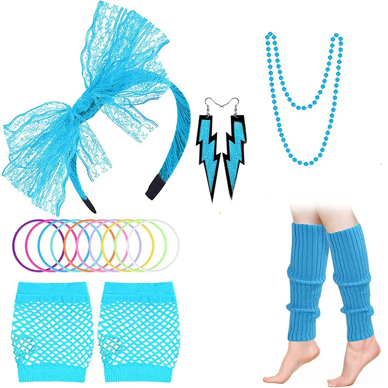 الملونة 90s 80s الزي اكسسوارات مجموعة 80s فستان بتصميم حالم المرحلة زي رباط شعر قلادة سوار صافي قفازات جوارب السيقان الرجعية