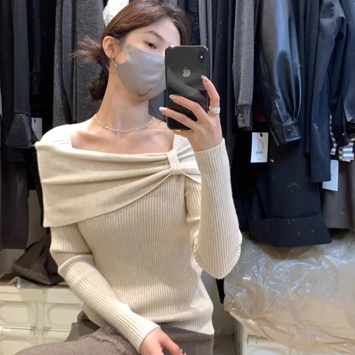 

Korean Sle Long Sve Knitted Sweater Women's Autumn Winter Slim Fit Neline Knot Base Layer Top Faionable And Ele