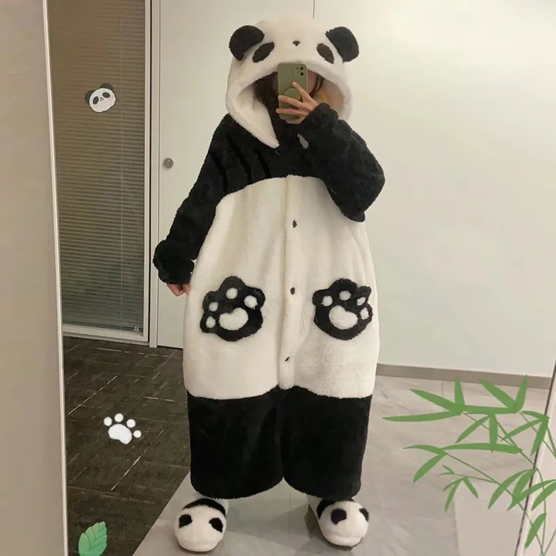 Panda Couple Sleepwear Women's Autumn and Winter Coral Fleece Cartoon Winter Nightgown Thickened with Fleece Hooded Home Wear