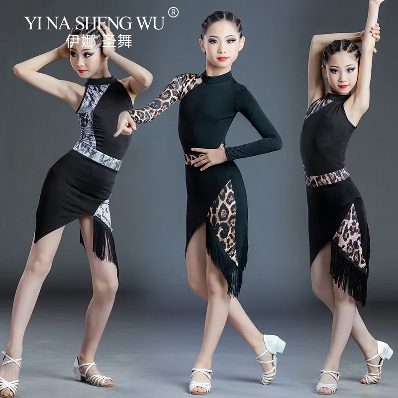Costume d'entraînement de danse latine professionnel pour enfants, jupe body à franges imprimé léopard, Costume d'examinations classés de danse pour filles