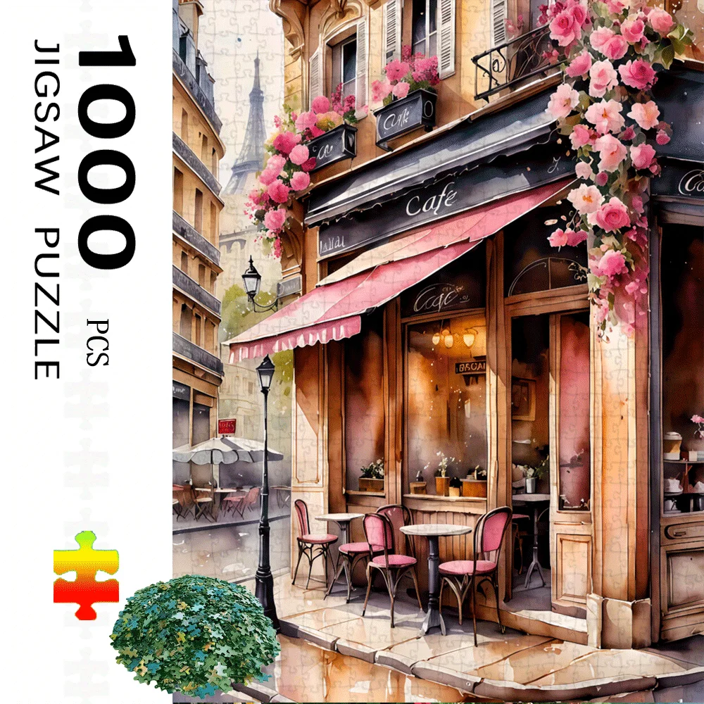 

1000 шт. пазл Paris Street Café с розовым цветочным дизайном - большая сложная головоломка для взрослых, семейная деятельность, сделай сам