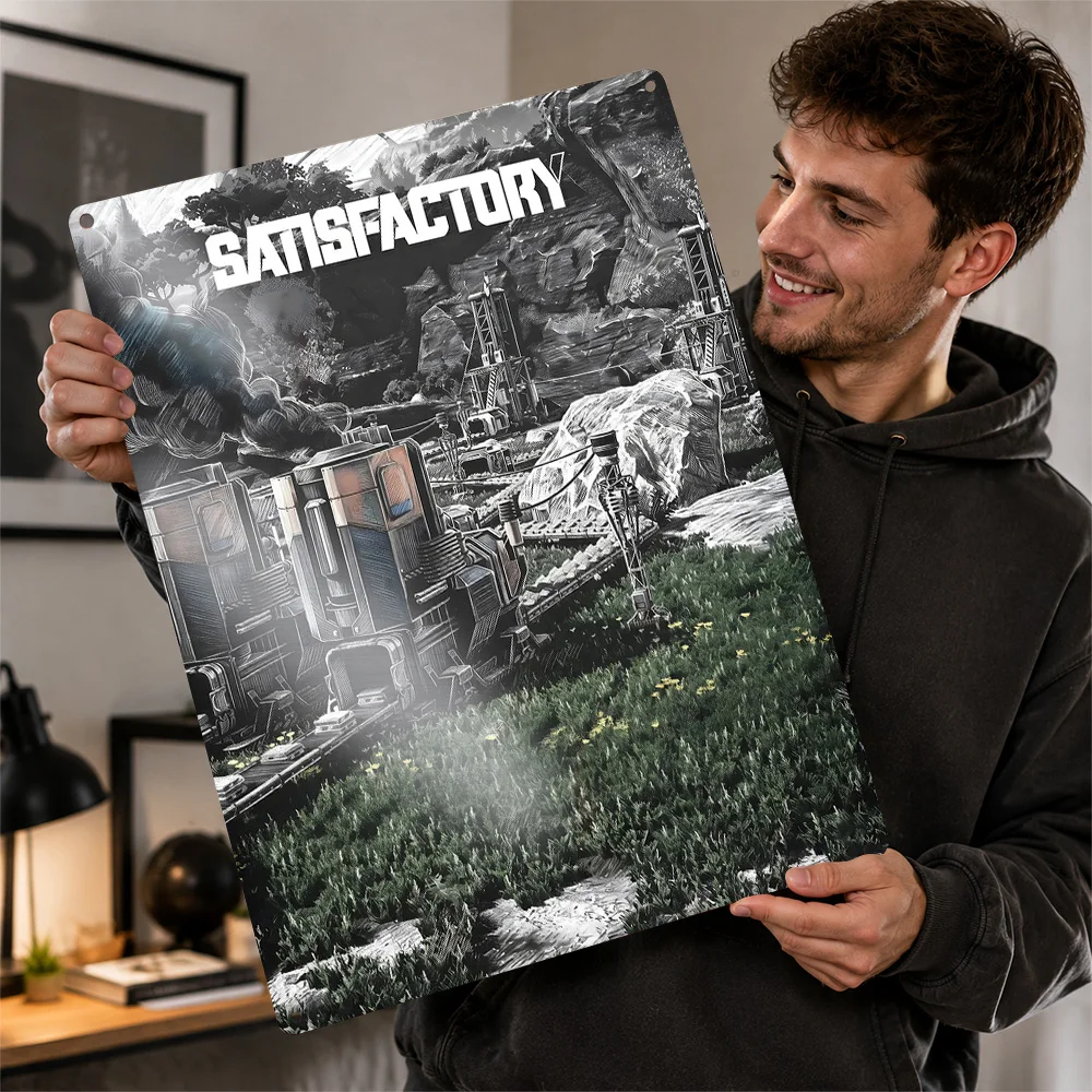 Satisfactory Mountain Factory Textured Poster Customized Metal Tin Sign Cosmic Mission Style Wall Art Chosen By Action Players