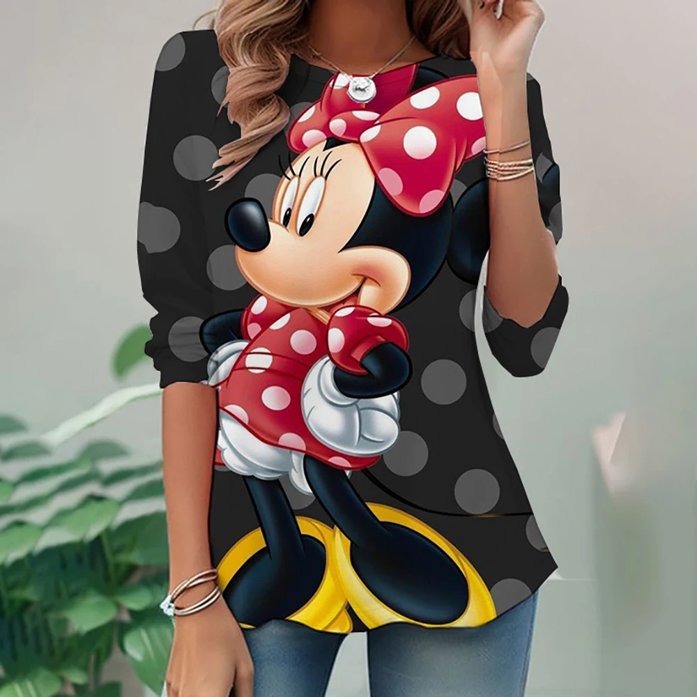 Spring Autumn Cute 3D Cartoon Harajuku Streetwear Disney Mickey and Minnie Anime Casual Long Sleeve Round Neck T-Shirt 2022