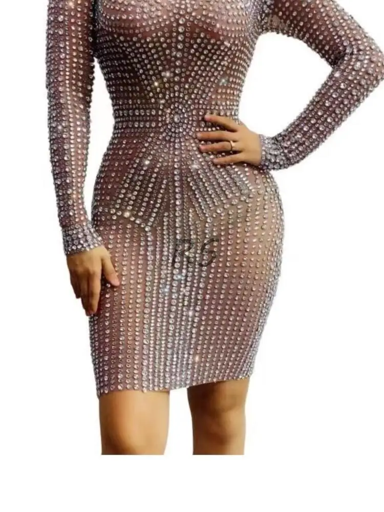 Costume Birthday Celebrate Women Dancer Dress Flashing Silver Rhinestones Long Sleeves Transparent Dress Evening