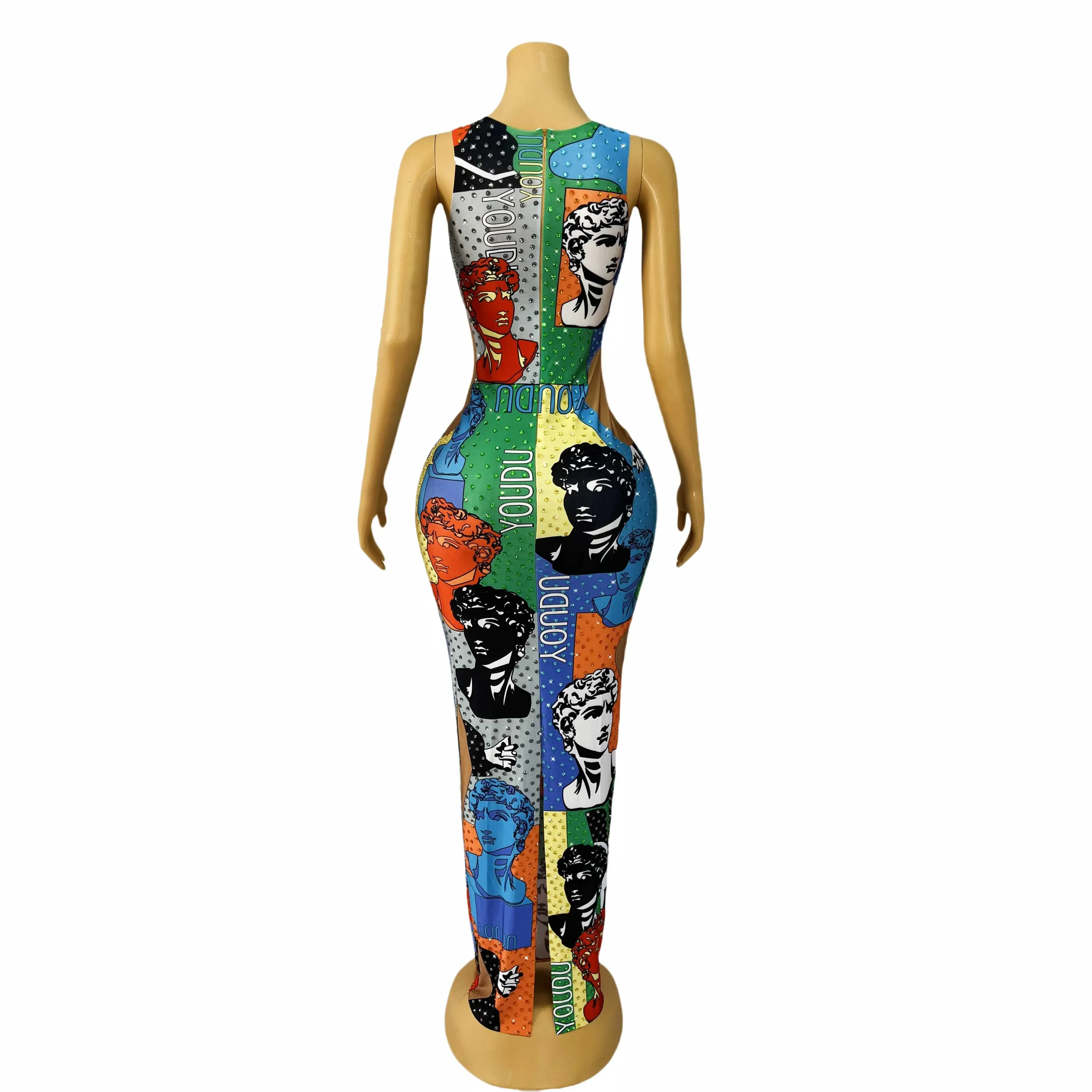 Cute Summer Colorful Rhinestones Spandex Stretch Celebrate Face Pattern Dress Outfit Party Singer Collection Birthday Costume PO