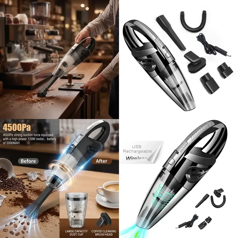Wireless hand-held vacuum cleaner, wet and dry, for removing coffee grounds, multi-function