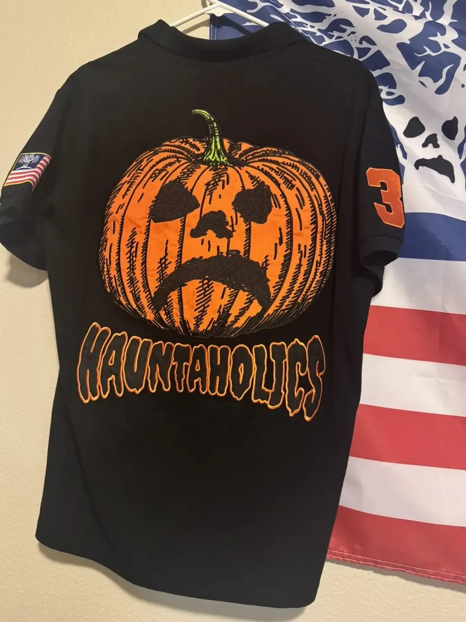 قميص بولو مسكون جبل Y2K ملابس رجالي إمرأة الهيب هوب اليقطين رئيس التطريز المتضخم قميص القطن قصير الأكمام بلايز #1