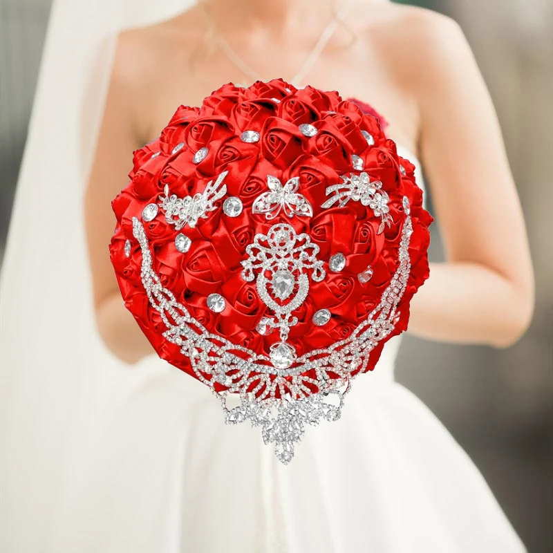 1pc/lot  Red Bridal Wedding Bouquet Artificial Ribbon Rose