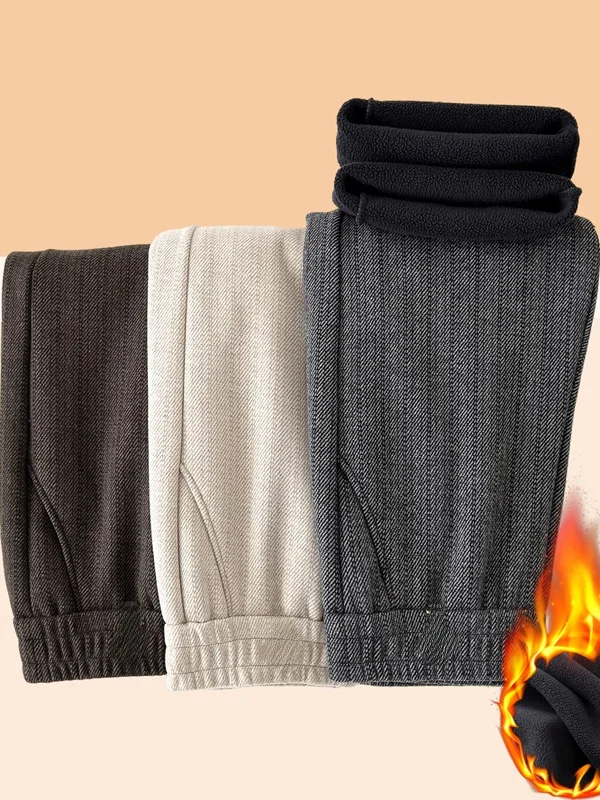 

Утепленные брюки на флисовой подкладке с высокой талией, эластичные повседневные брюки для женщин среднего и старшего возраста, осенне-зимние теплые полосатые брюки