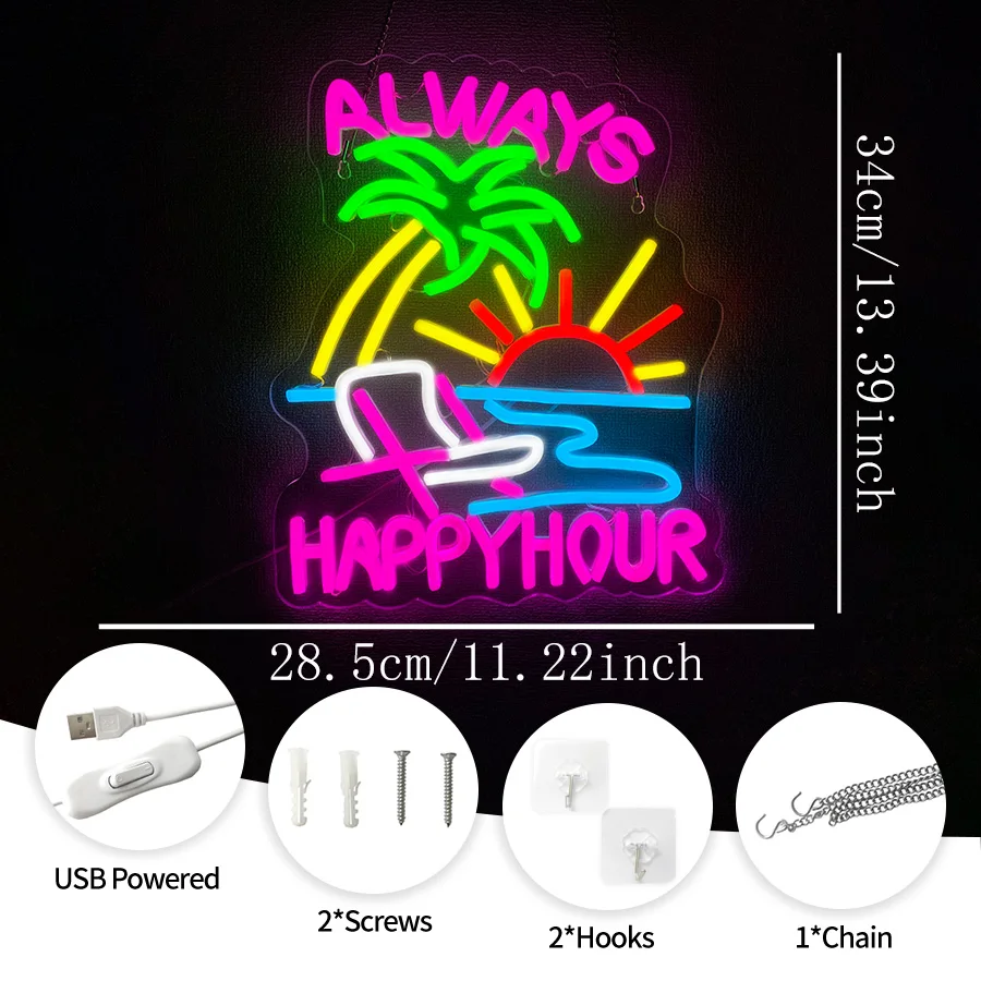 Always Happy Hour Neon Sign for Wall Decor Bar Neon LED Light for Man Cave Led USB Powered,Bar,Pub,Hawaii Party Decor, Wall Art