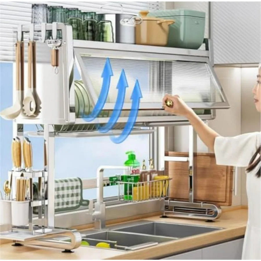 2 طبقات فوق بالوعة تجفيف الأطباق الرف مع صينية استنزاف حوض الفولاذ المقاوم للصدأ تجفيف الرف مع سعة كبيرة طبق تخزين المطبخ R #2